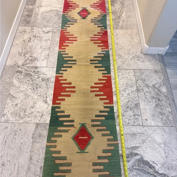 Turkish kilim rug runner Tan Red Green 100% Wool Excellent Condition - Picture 9 of 9